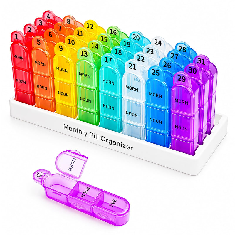 Cruxer Monthly 3 Times a Day Pill Organizer, Portable 31 Day Medicine Box | One Month Pill Case 32 Compartments 3 Times Pill Container, Travel Tablet Organizer to Hold Vitamins, Fish Oil, Supplements 1 Month-3 Times