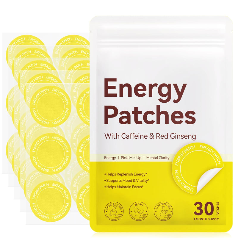Adult Adhesive Patches with Caffeine, Red Ginseng and Vitamin B12, Easy to Apply Daily Use, Vegan Formula for Women and Men