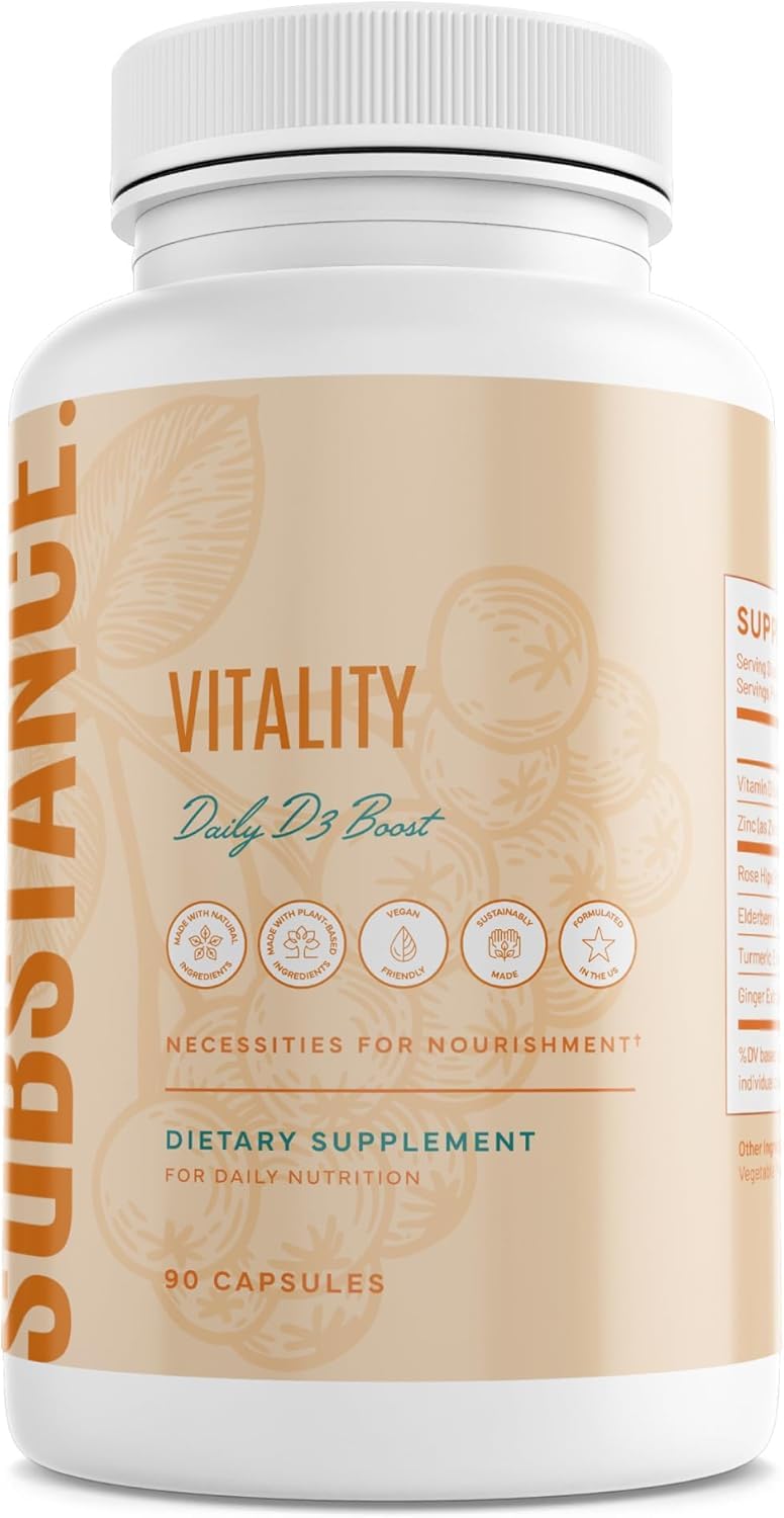 SUBSTANCE. Nature’s Vitality Daily D3 Boost Supplement - Vitamin D3, Zinc, Elderberry, Turmeric & Ginger - Immune Support & Bone Health - 90 Capsules Vitamin D