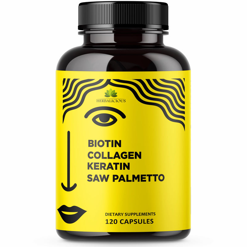 HERBALICIOUS Biotin Collagen Keratin Capsules with Saw Palmetto – Hair Skin Nails Support Formula with Vitamin C – Biotin – Made in USA – 120 Capsules