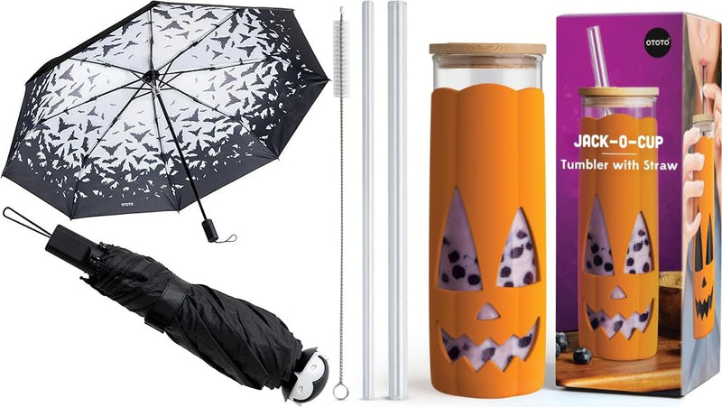 OTOTO NEW! Spookula Vampire Folding, Collapsible, Umbrella, Unique, Goth Accessories, NEW Jack-o-Cup Glass Cups with Lid and Straws - Glass Coffee Tumbler with Straws