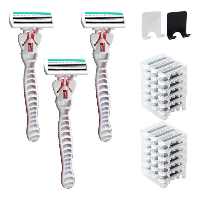 41 Pcs Disposable Women Razors, Include 3 Non Slip Handles and 36 Refill Blades and 2 Dedicated hook, 6-Blade Travel Essentials Sensitive Skin Shaving Razor Set