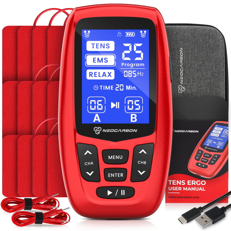 NEOCARBON TENS Unit Muscle Stimulator Ergo Machine for Pain Relief, Red | Advanced Pain Relief & PMS Comfort, Ergonomic & User-Friendly Design, Long-Lasting Power & Portability, Electrode Pads & Kit