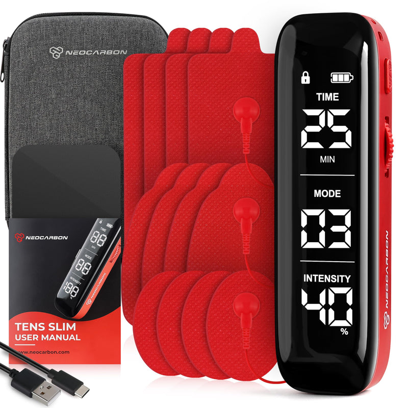NEOCARBON TENS Unit Muscle Stimulator Slim for Pain Relief, Red | Versatile & Drug-Free Pain Relief, Ultra-Slim & Lightweight, All-in-One Pulse Massager & Muscle Stimulator Kit
