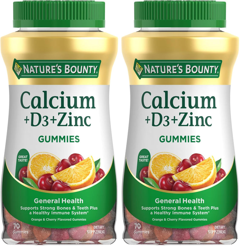Nature's Bounty Calcium + D3 + Zinc Gummies, Supports Strong Bones & Teeth Plus a Healthy Immune System, 500mg, Orange and Cherry Flavored, 70 Gummies (Pack of 2) 70 Count (Pack of 2)