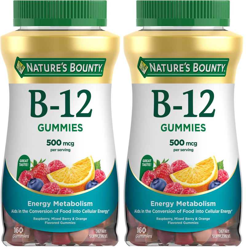 Nature's Bounty Vitamin B12 Gummies, Dietary Supplement, Supports Energy Metabolism and Nervous System Health, Mixed Berry Flavor, 500mcg, 160 Count (Pack of 2) 160 Count (Pack of 2)