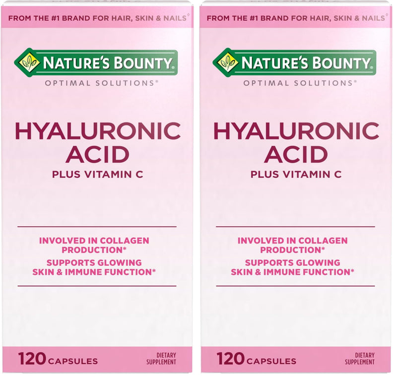 Nature's Bounty Vitamin C and Hyaluronic Acid Supplement, Supports Glowing Skin, Immune Function & Collagen Production, 120 Capsules - 60 Day Supply, Optimal Solutions Supplements for Skin Health 120 Count (Pack of 2)