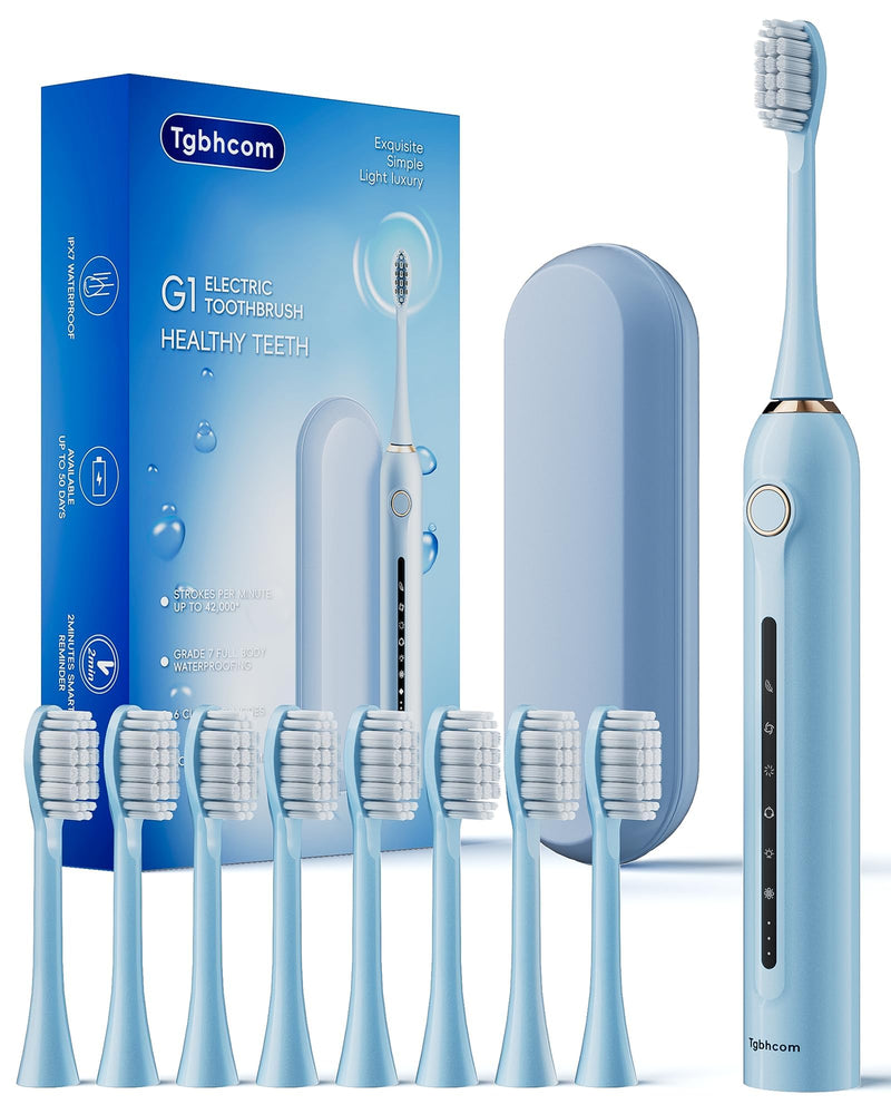 Blue Electric Toothbrushes, with 8 Brush Heads, 1 Travel Toothbrush Case, for Adults and Kid Electric Toothbrush, Long 180-Day Battery Life, 6 Different Modes, Smart 2-Minute Timer, IPX7 Waterproof Blue