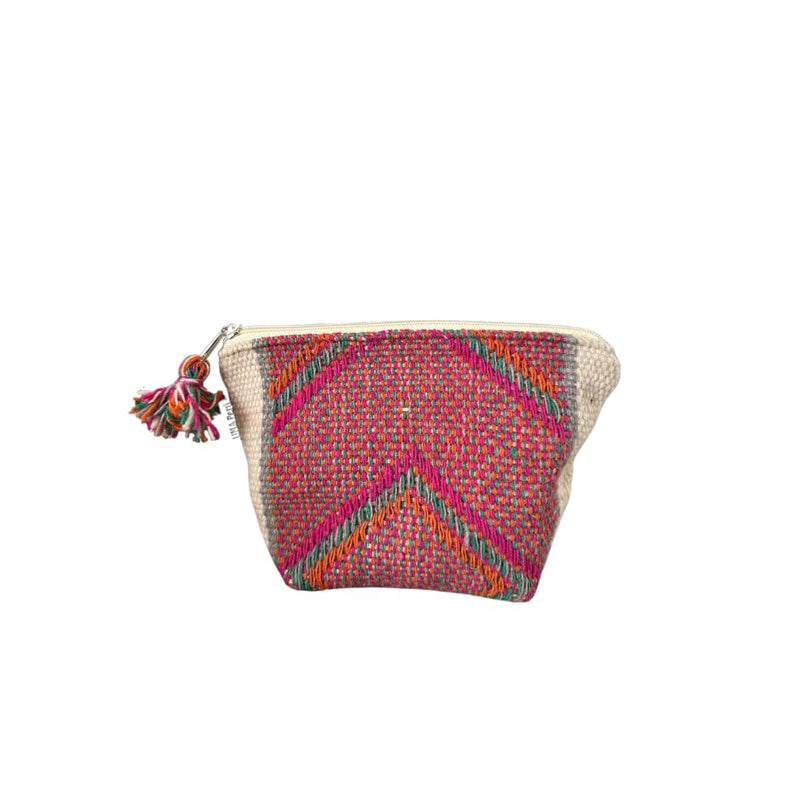 Handmade Makeup Pouches from Peru – Boho Chic Cosmetic Bag with Zipper, Cute Beauty Pouch for Purse Bag Organizer or Travel Essentials (Pyramid, White - Pink) Pyramid