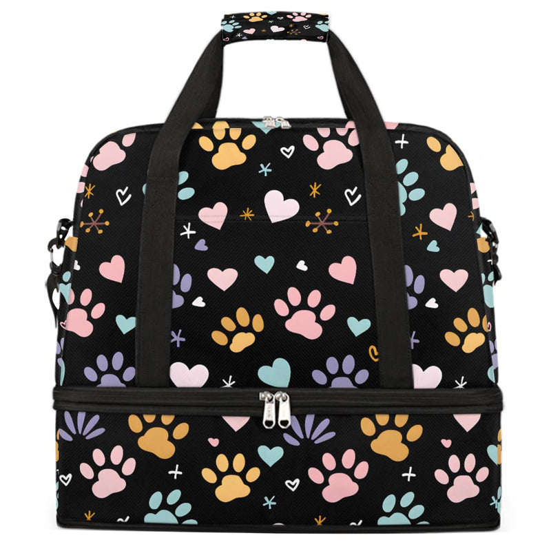 Weekender Bag for Women Man, Paw Prints Foldie Travel Duffel Bag with Shoe Compartment, Carry on Overnight Bag Sports Gym Bag for Airplanes Yoga Dance Beach Swim Hospital A-007