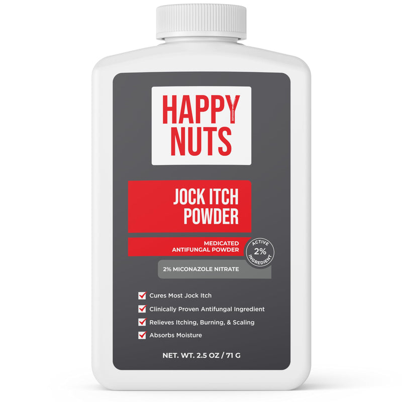 HAPPY NUTS Jock Itch OTC Antifungal Treatment Powder - 2% Miconazole Nitrate - FSA Eligible HSA - Clinically Proven Cures Most Jock Itch, Athletes Foot, Ringworm and More - Relieves Itching & Burning
