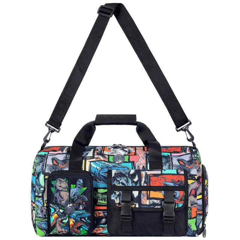 WZLVO Duffle Bag for Boys with Shoe Compartment - Dinosaur Print Sports Bag for Kids, Lightweight Travel Gym Overnight Weekender Bag (18x9x10 Inches) Boys Dinosaur Duffle Bag