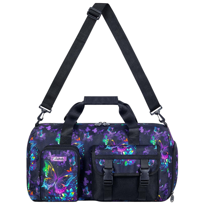 Girls Travel Duffle Bag for Girls 18 Inch, Water-Resistant Sports Bag with Separate Shoe Compartment for Gym, School, Overnight Trips, Camping & Sleepovers, Black Butterfly Girls Travel Duffle Bag - Black Butterfly
