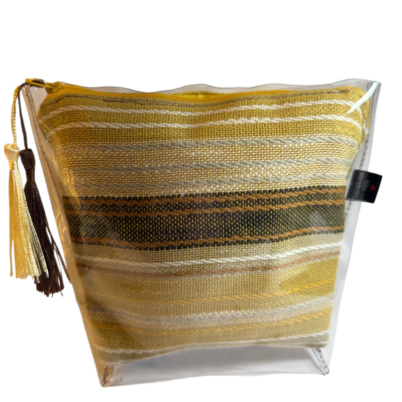 Handmade Woven Cosmetic Bag with Clear Vinyl Cover, Yellow Stripes, Zippered Pouch with Dual Tassel, Water-Resistant Lining