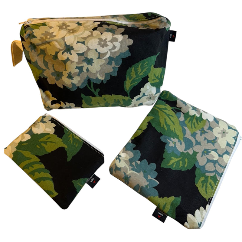 Handmade Canvas Cosmetic Bag Set of 3 with Natural Cotton Lining – Travel Makeup Pouches with Zippered Closure, Floral Pattern