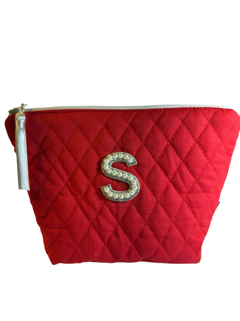 Personalized Quilted Makeup Bag, Red Cotton Pouch with Pearl Letter “S”, 9x6x3.5 inches, White Tassel