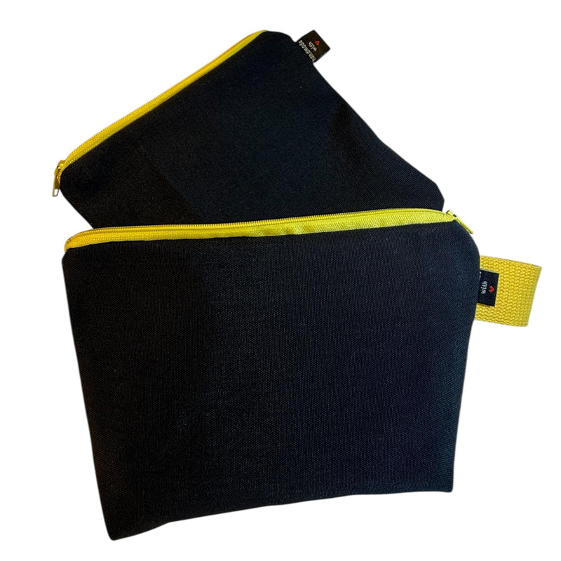 Canvas Toiletry Bag Set, 2 Pieces, Black with Yellow Trim, 9x5 and 7x7 inches