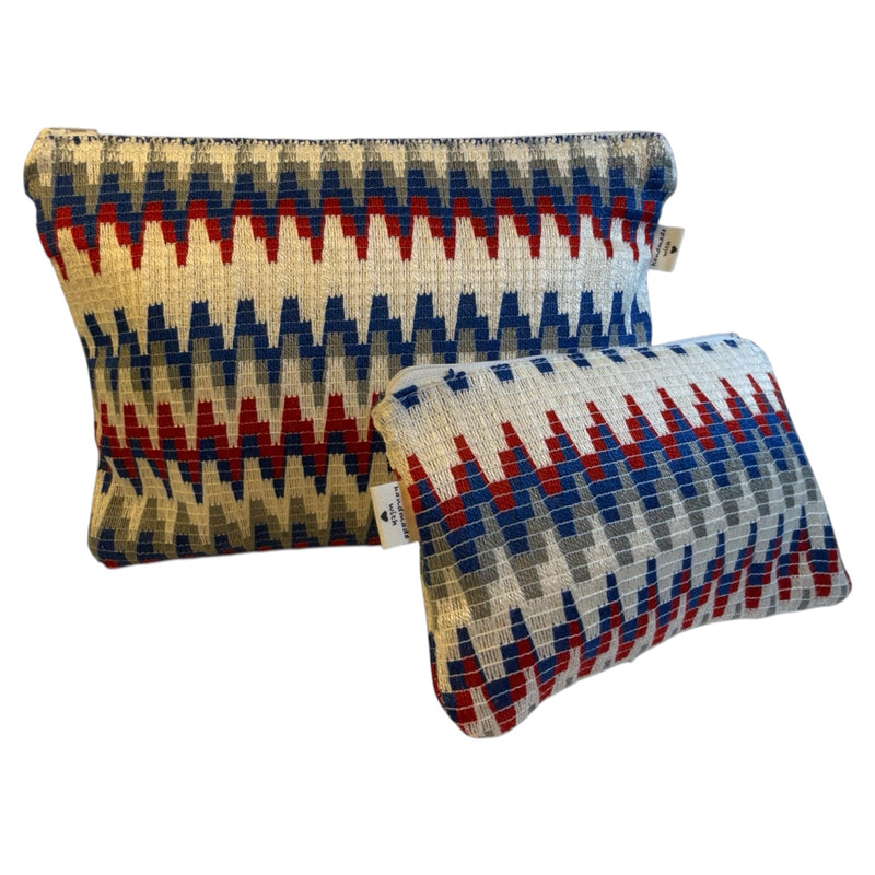 Handmade Geometric Cosmetic Bag Set in American style, Large 10.5x7.5 inch and Small 7.5x5 inch, Red Blue Ivory Pattern