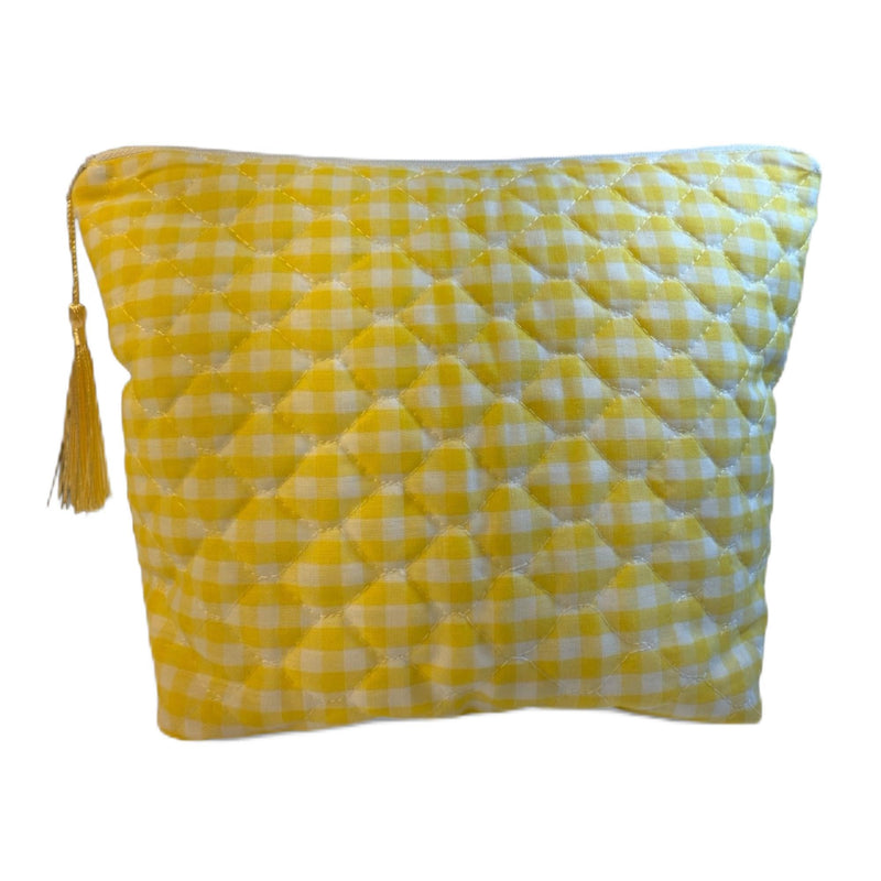 Handmade Quilted Cosmetic Bag – Yellow Gingham Cotton Fabric with Zipper Tassel