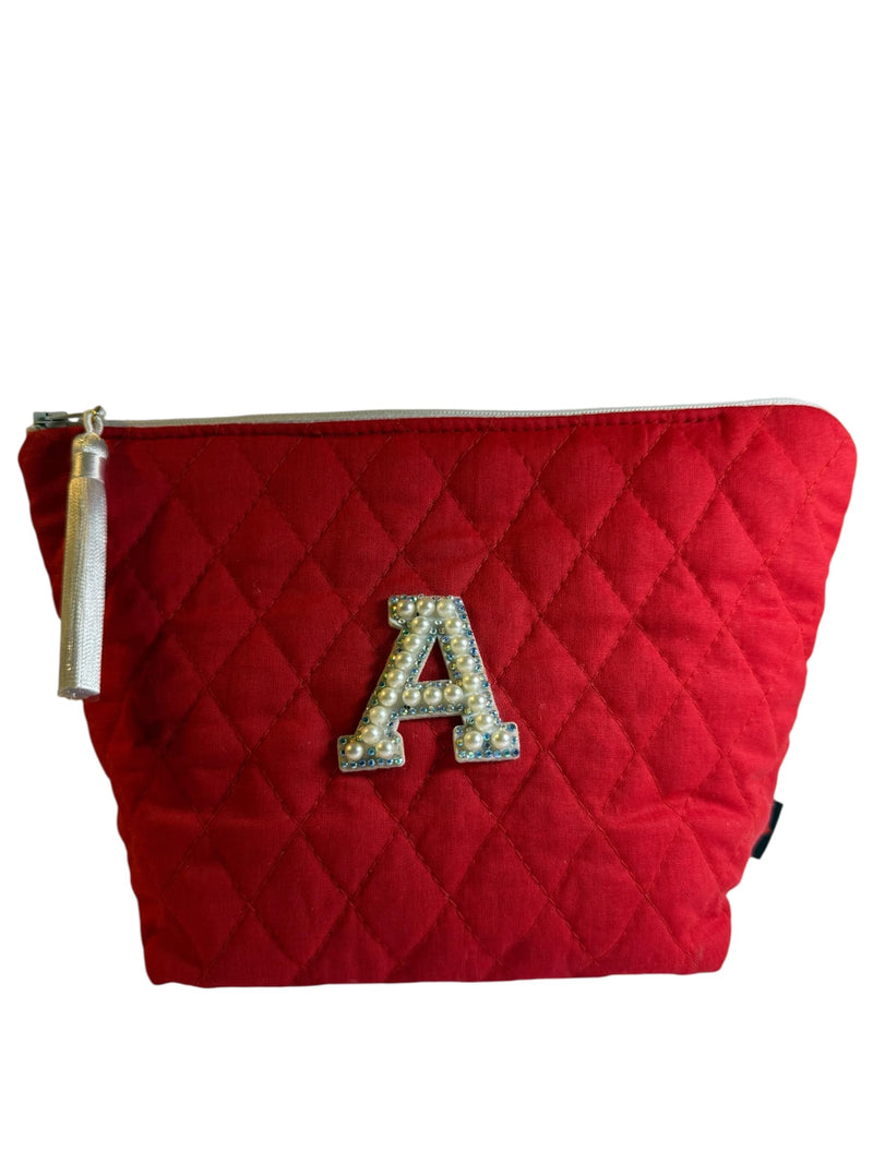 Handmade Red Quilted Cosmetic Bag with Monogram Letter “A”, Cotton Makeup Pouch, Personalized Travel Organizer, Gift for Women, 9x6x3.5 in, White Tassel
