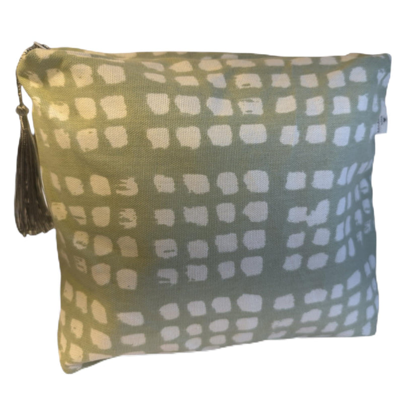 Handmade Canvas Cosmetic Bag with Tassel, Abstract Green Dot Pattern, 9.5 x 8.5 x 2.5 inches