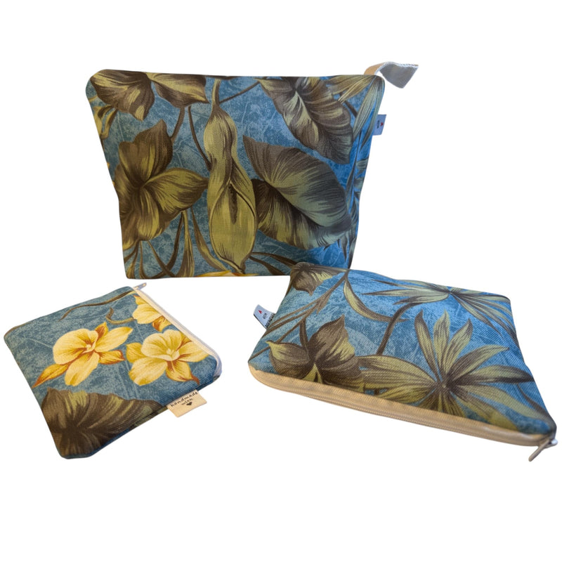 Handmade Canvas Cosmetic Bag Set of 3 with Natural Lining – Floral Pattern Makeup Organizer Pouches – Travel Toiletry Bags