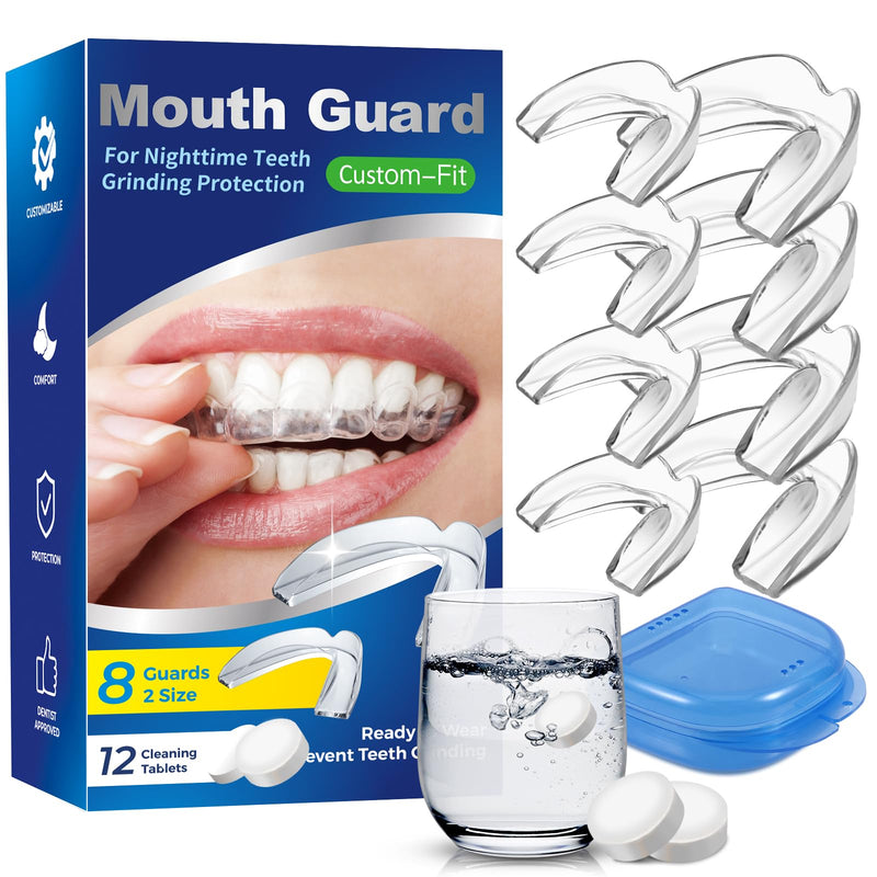 Mouth Guard for Grinding Teeth at Night, Night Guards for Bruxism, Mouthguards for Grinding of Teeth Nighttime, Dental Bite Guard for Adults of Clenching Teeth, 8 Pack with 12 Cleaning Tablets mouthguard 8 Units with Cleaner Tablets