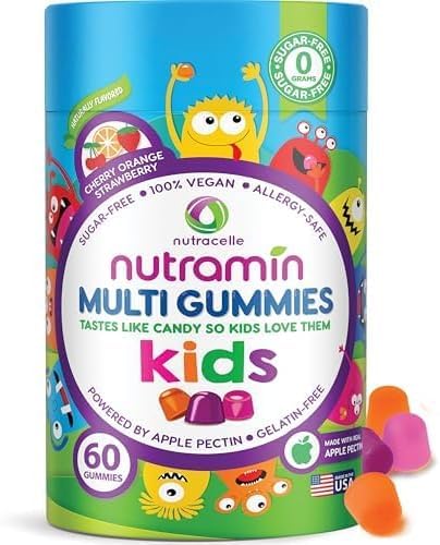 NUTRAMIN Sugar-Free Gummy Multivitamins for Kids, Allergen-Free, 60 Count | 100% Vegan, Gelatin Free, Dairy-Free, Non-GMO, Great Tasting Natural Gummies Your Kids Will Love - Strawberry, Orange, Cherry Multivitamin 60 Count (Pack of 1)