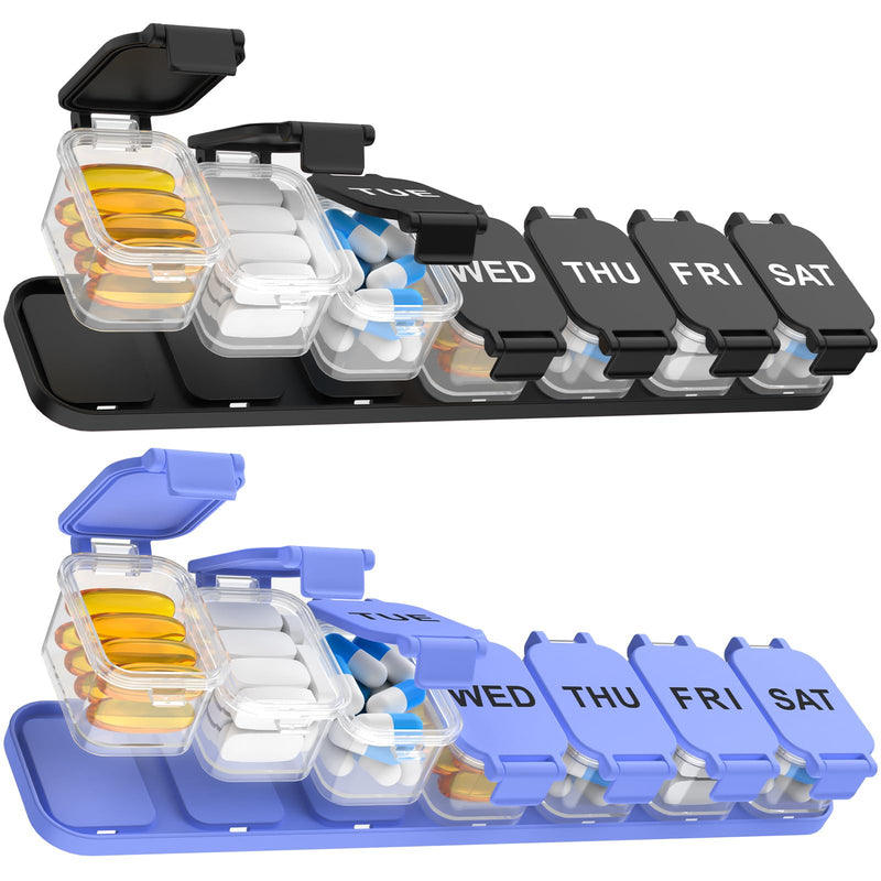 2-Pack Extra Large Weekly Pill Organizer, Travel Pill Box 7 Days | Portable Daily Pill Box with 7 Detachable Compartments, XL Vitamin Holder for Vitamins/Fish Oil/Supplements, Home and Travel Purple and Black