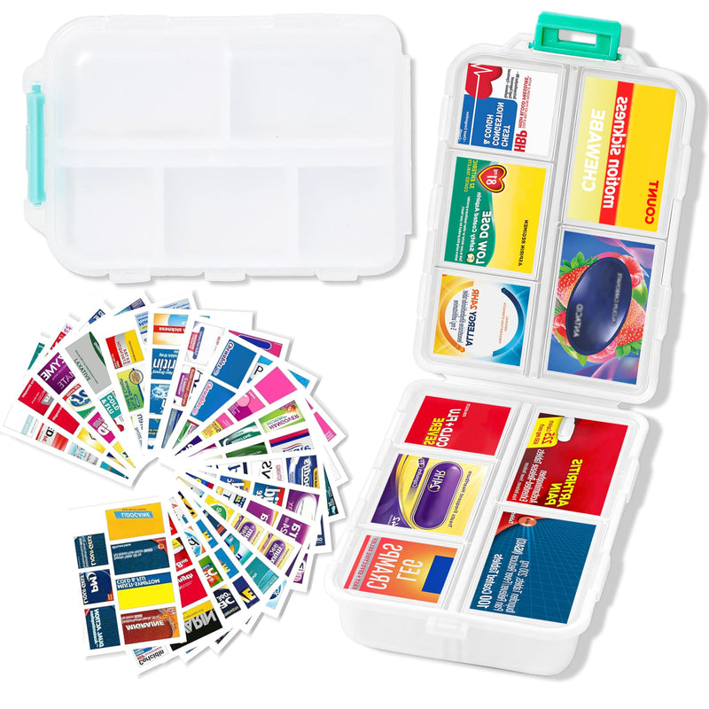 Extra Large Pill Organizer with 161 Medicine Labels, Travel Pill Case | White Extra large case with 10 compartments for 7-day pill planning, vitamins, supplements, and travel