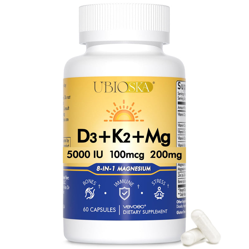 UBIOSKA Vitamin D3 K2 Magnesium, 5000 IU D3, K2 as MK-7, 60 Capsules | 8-form magnesium with glycinate, taurate and malate, plus B vitamins and zinc for daily bone, muscle and immune support
