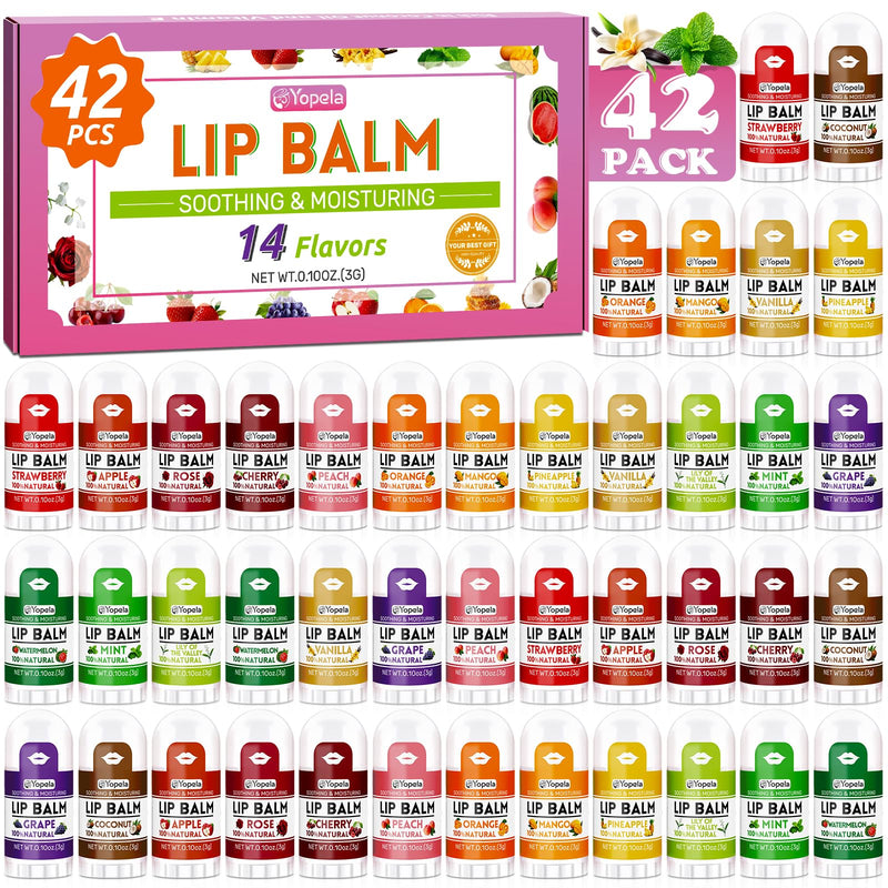 Yopela Mini Lip Balm Bulk 42 Pack, Natural Lip Balms with Vitamin E and Coconut Oil, Moisturizing and Nourishing Dry Cracked Lips,14 Flavors Chap Sticks Small Gift Party Favors for Kids Adults Pack of 42