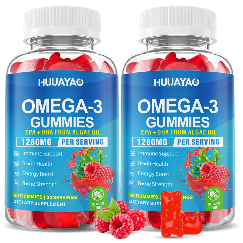 Vegan Omega-3 Gummies 1280mg, Omega 3 Fish Oil Alternative for Adults w/EPA 400mg & DHA 600mg & Vitamin A, C, E Supports Brain, Eye & Immune Health, Sugar Free, Raspberry Flavor, 120 Count 120 Count (Pack of 1)