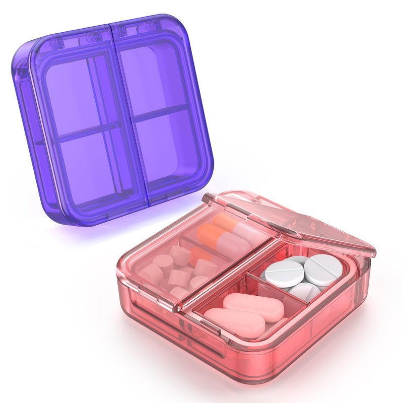 Small Pill Box,4 Compartments Travel Pill Case, Portable Pill Organizer,Mini Pill Container for Pocket,Daily Compact Travel Medicine Holder for Vitamins Fish Oil and Supplement Storage(Pink+Purple) Pink+purple