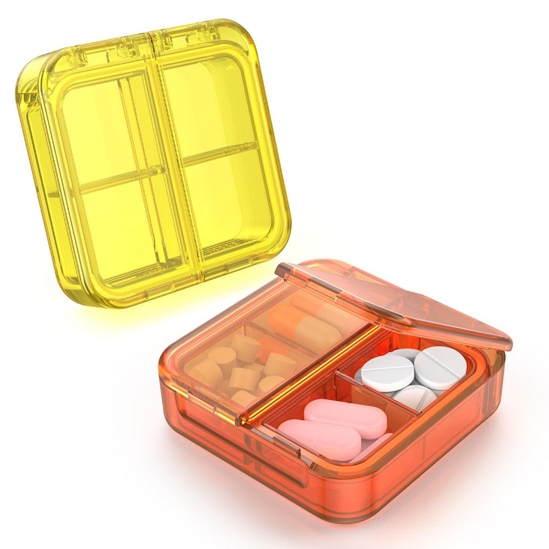 Small Pill Box,4 Compartments Travel Pill Case, Portable Pill Organizer,Mini Pill Container for Pocket,Daily Compact Travel Medicine Holder for Vitamins Fish Oil and Supplement Storage(Orange+Yellow) Orange+yellow