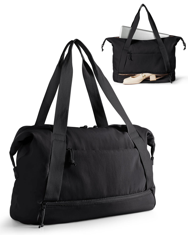 Smasrob Travel Duffle Bag with Shoe Compartment and Laptop Sleeve for Women | Lightweight Weekender Duffel Bag for Travel, Gym, Hospital Labor Delivery, Black