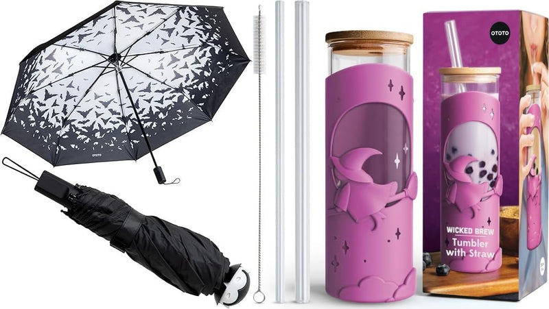 OTOTO NEW! Spookula Vampire Folding, Collapsible, Umbrella, Unique, Goth Accessories, Wicked Brew Glass Cups with Lids and Straws - Halloween