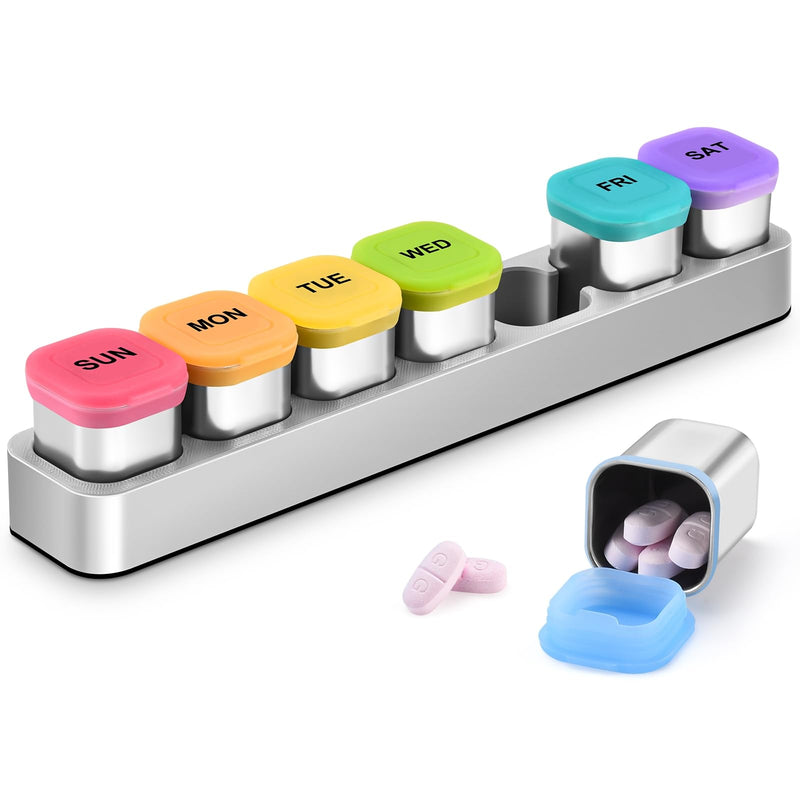 Square Metal Pill Case 7 Day, Stainless Steel | Medicine Box Organizer for Travel, Waterproof Tablet Container, Portable Daliy Pill Holder for Vitamins Fish Oils Rainbow