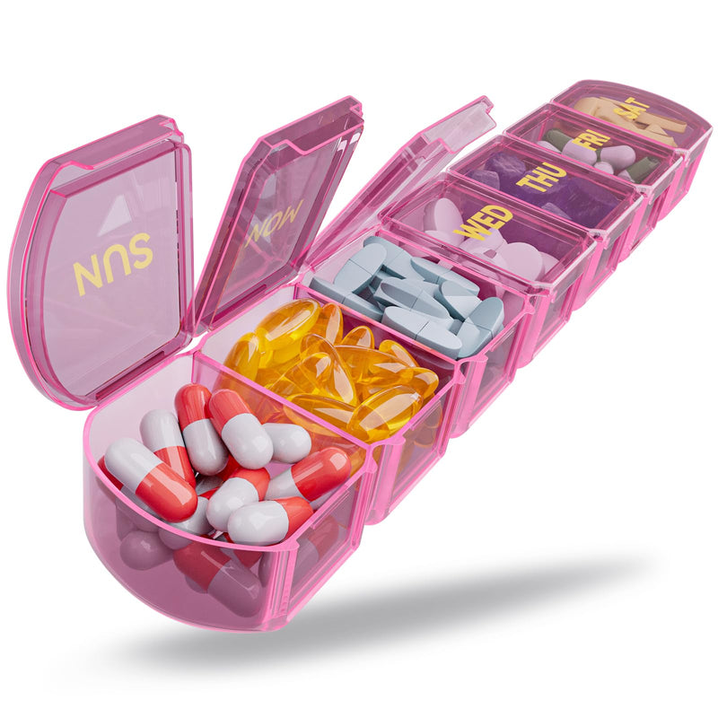 Large Pill Organizer Weekly - 7 Day Compartments with Easy-Open Design | SHIJOINYU XL Pill Box with High-Capacity, Daily Medicine Pill Organizer for Vitamins, Supplements, Fish Oils Pink