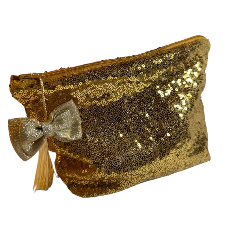 Luxury Handmade Gold Sequin Cosmetic Bag with Tassel, Waterproof Lining, Hair Clip Included