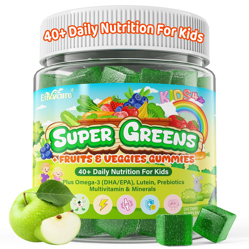 Kids Super Greens Gummies, w/Multivitamins, 20+ Veggie Fruit, Prebiotics | Kids Vitamins Greens Superfood Gummies + Calcium, Omega-3 (DHA/EPA)，for Picky Eater Growth, Energy, Immune, Digestion, 1 Pack 60 Count (Pack of 1)