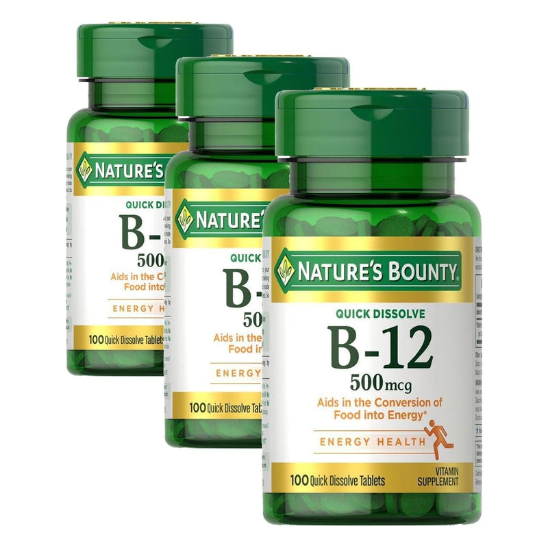 Nature's Bounty Vitamin B12, Supports Energy Metabolism and Nervous System Health, 500mcg, 100 Quick Dissolve Tablets (Pack of 3) 100 Count (Pack of 3)