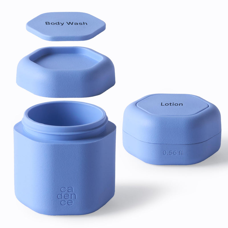 Cadence Travel Containers - 2pk (1 Small, 0.56oz + 1 Medium, 1.32oz), Pacific - TSA Approved, Leak Proof, Magnetic Basic Body Care Capsules - Carry On Travel Essentials - Body Wash & Lotion Labels Bodycare (Set of 2)