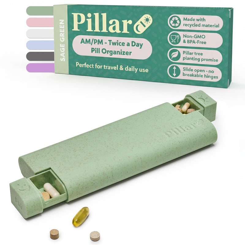 Pillar AM/PM Pill Box Organizer Two Times a Day - Aesthetic Weekly Pill Box | Perfect for daily use & travel, Day and Night trays, Sage Green, Great as a vitamin organizer or supplement organizer Pillar AM/PM - Twice a Day