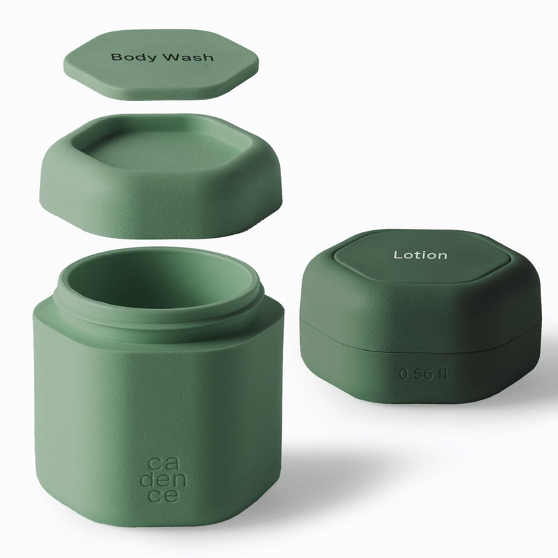 Cadence Travel Containers - 2pk (1 Small, 0.56oz + 1 Medium, 1.32oz), Evergreen - TSA Approved, Leak Proof, Magnetic Basic Body Care Capsules - Carry On Travel Essentials - Body Wash & Lotion Labels Bodycare (Set of 2)
