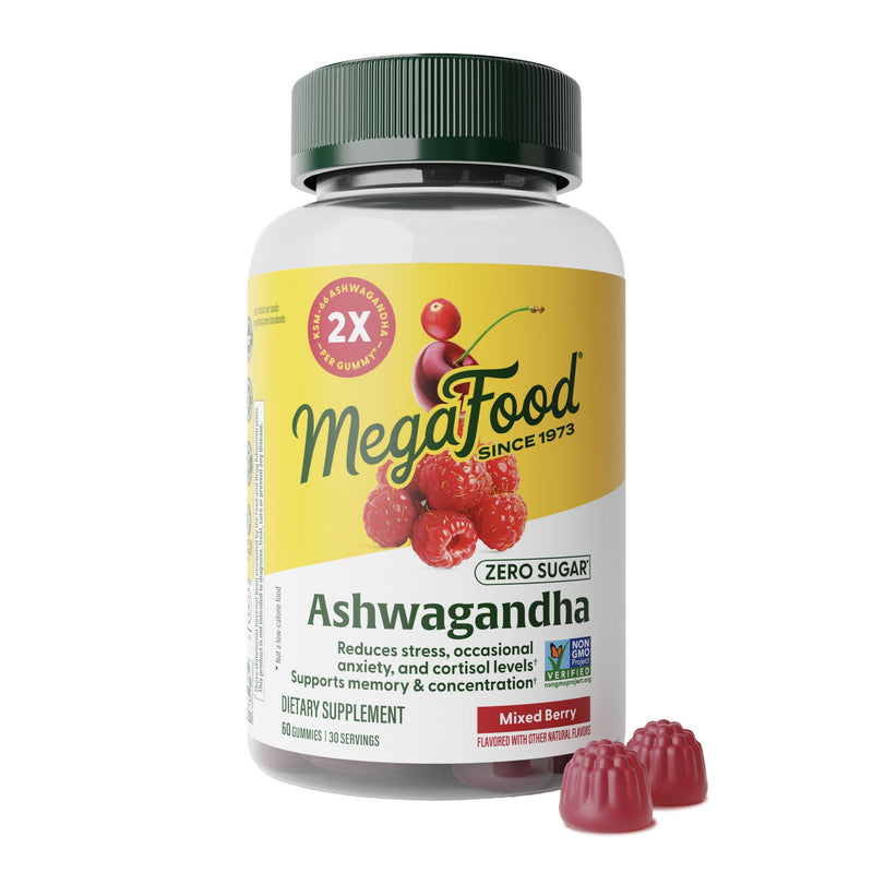 MegaFood Zero Sugar Ashwagandha Gummies, KSM 66, Mixed Berry, 60 Gummies | With Clinically Studied Ashwagandha KSM 66, Cortisol Reducer, Sleep & Stress Support, No Gelatin, Non-GMO, Vegan, 30 Servings