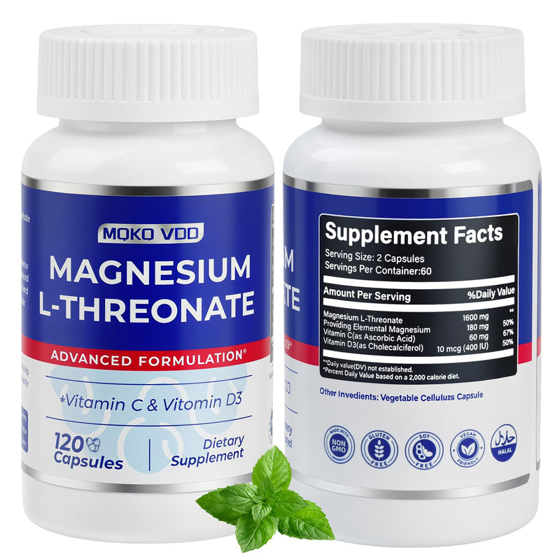 Magnesium L-Threonate Vitamin C & D3, 120 Capsules| High Absorption Magnesium for Brain Health, Focus, Calm & Sleep Support | Non-GMO, Gluten Free, Vegan Supplement for Men & Women