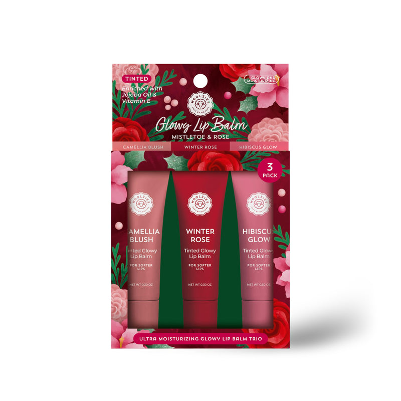 Tinted Glowy Lip Balm Trio – Natural Hydrating Lip Care Set with Vitamin E, Cocoa Butter & Jojoba Oil – Moisturizing, Vegan, Cruelty-Free Lip Balms for Soft, Smooth Lips (3 Pack, Mistletoe & Rose) 1 Count (Pack of 3)