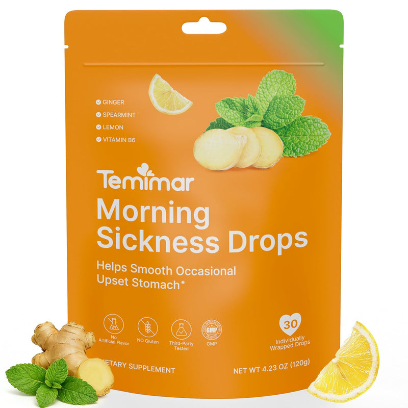 Morning Sickness Drops, Nausea Relief for Pregnant Women, Ginger Candy for Upset Stomach & Motion Sickness Relief, Added Vitamin B6 for Pregnancy Nausea Relief, 30 Individually Lozenges Morning Sickness 30 Count