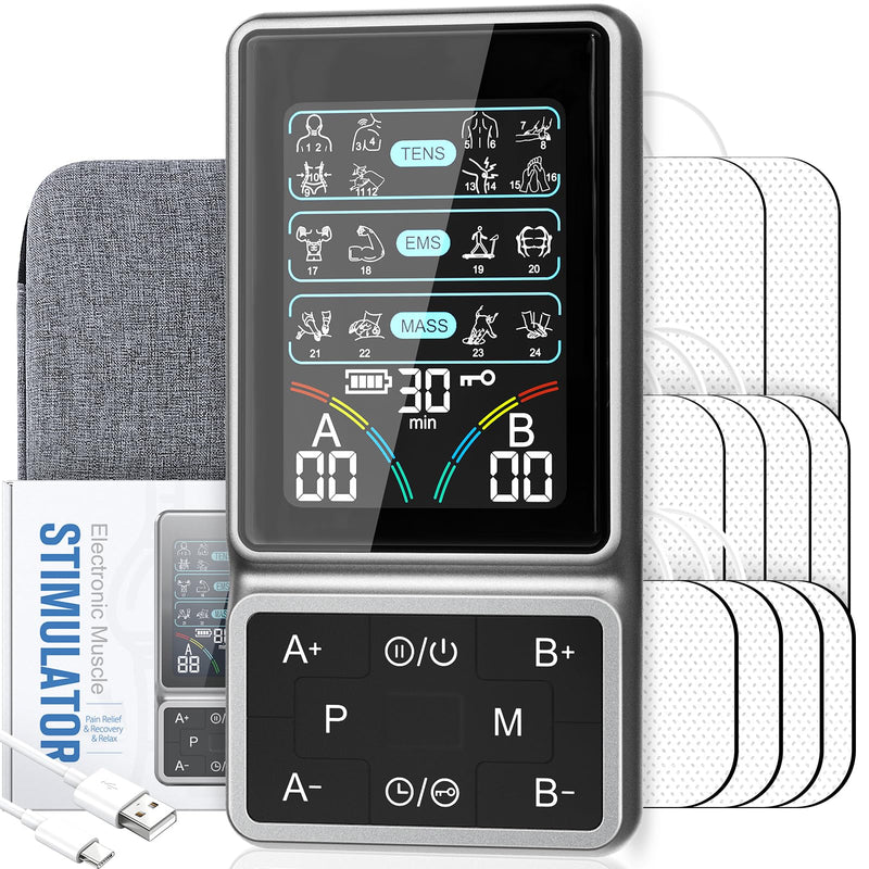 TENS Unit Muscle Stimulator with HD Color Screen, 3-in-1 TENS EMS Machine for Pain Relief & Muscle Recovery, 24 Modes Pulse Massager for Sciatica, Back, Hip, Neck, Shoulder and Elbow Pain